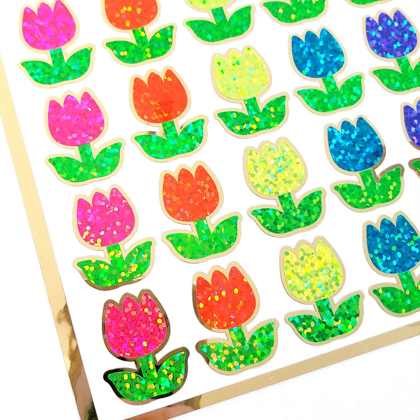 Tulip Stickers, set of 30 small sparkly multicolor spring flowers for scrapbook pages, Easter cards, envelopes and journal embellishments.