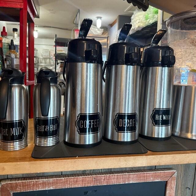 Coffee Decal, Set of 6 carafe decals, coffee decaf hot water cream milk, wedding dessert coffee station vinyl decals, DECALS ONLY