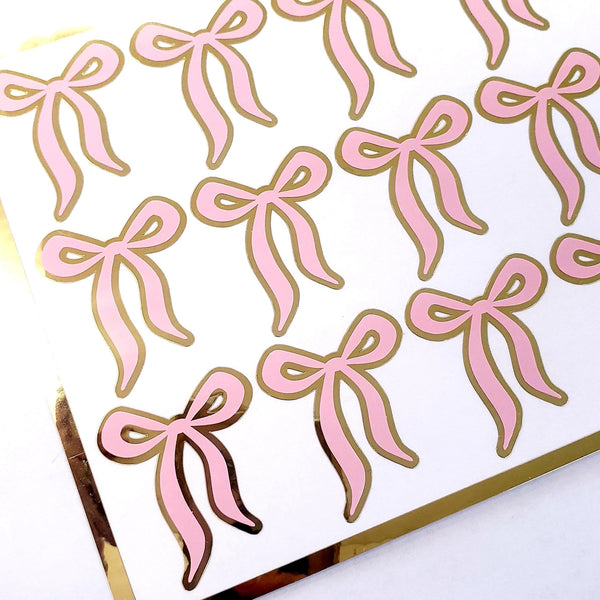 Coquette Pink Ribbon Stickers, Set of 15 Cute Vinyl Decal Bow Stickers for Water Bottle, Pink and Gold Ribbon Stickers for Baby Girl Showers
