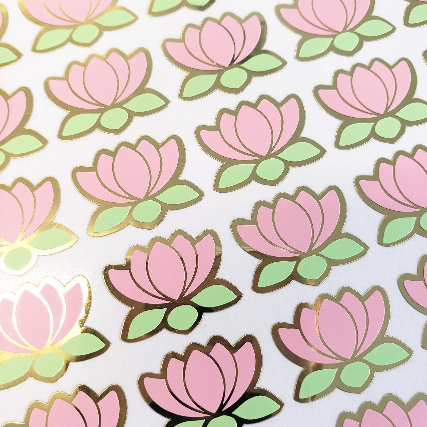Pink and Gold Lotus Flower Stickers, set of 45 small water lily vinyl decals, wedding stickers for envelopes, scrapbooks and garden journals