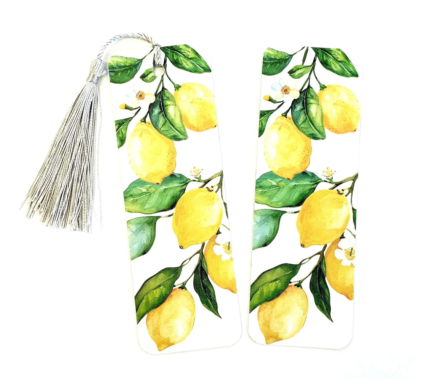 Lemon Bookmark with tassel, botanical fruit design on bookmark.