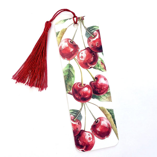 red cherries printed bookmark with tassel