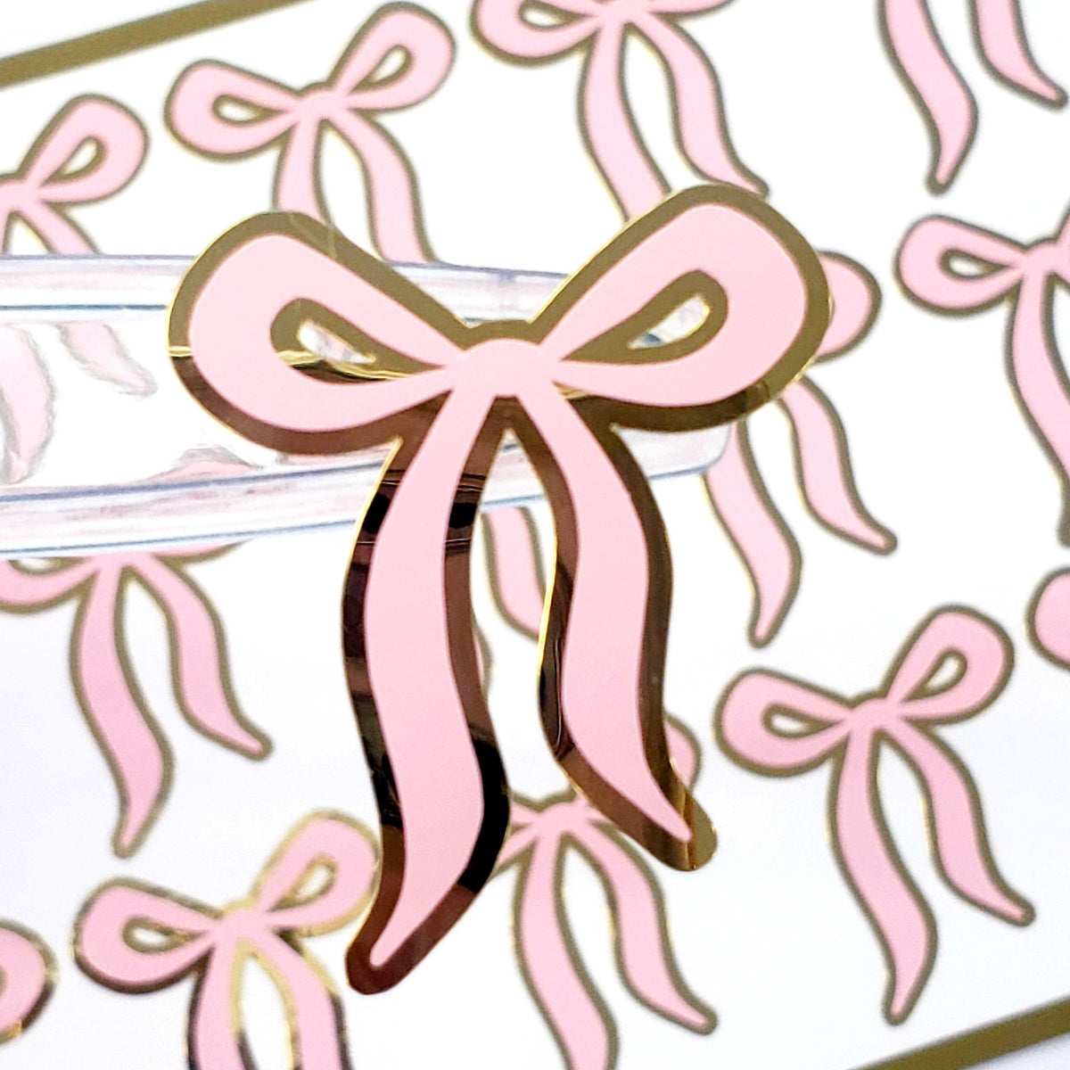 Coquette Pink Ribbon Stickers, Set of 15 Cute Vinyl Decal Bow Stickers for Water Bottle, Pink and Gold Ribbon Stickers for Baby Girl Showers