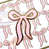 Coquette Pink Ribbon Stickers, Set of 15 Cute Vinyl Decal Bow Stickers for Water Bottle, Pink and Gold Ribbon Stickers for Baby Girl Showers