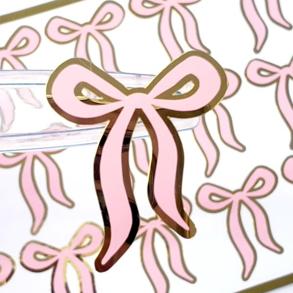 Coquette Pink Ribbon Stickers, Set of 15 Cute Vinyl Decal Bow Stickers for Water Bottle, Pink and Gold Ribbon Stickers for Baby Girl Showers