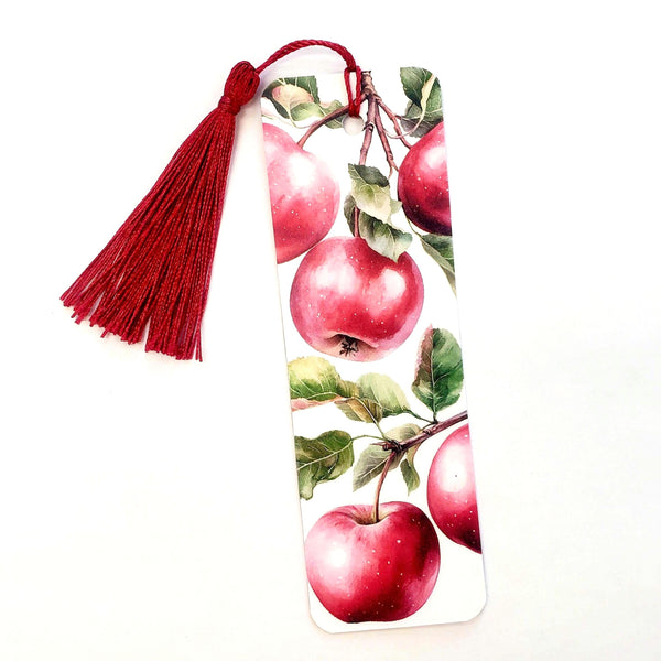 Red apples bookmark with tassel. Double sided printed bookmark.