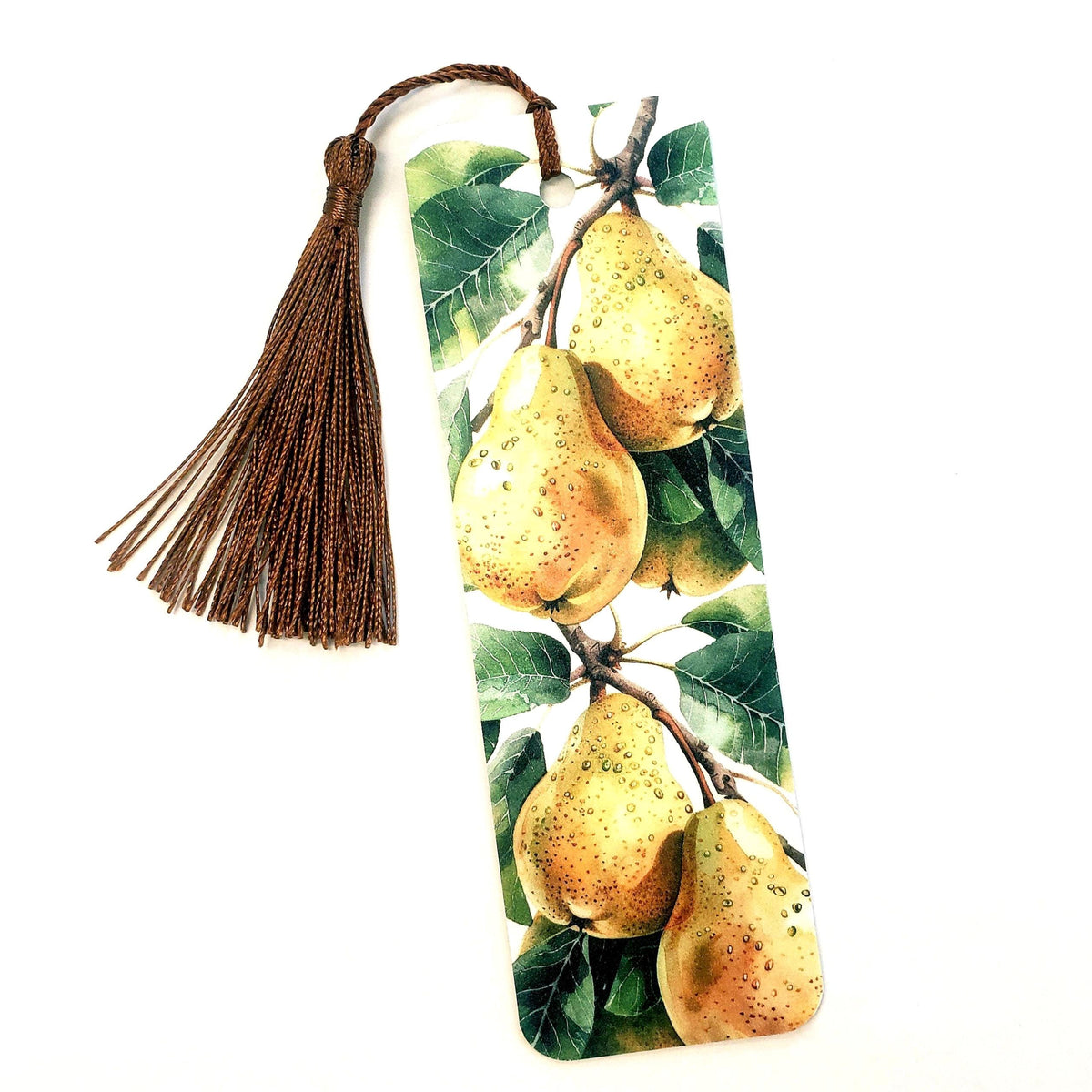 Golden Pears bookmark with brown silk tassel. Double sided printed botanical bookmark with pears.