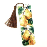Golden Pears bookmark with brown silk tassel. Double sided printed botanical bookmark with pears.