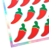 Hot Pepper Stickers, set of 36 peel and stick red and green chili pepper vinyl decal stickers for spicy food labels, menus and recipe cards.