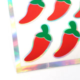 Hot Pepper Stickers, set of 36 peel and stick red and green chili pepper vinyl decal stickers for spicy food labels, menus and recipe cards.