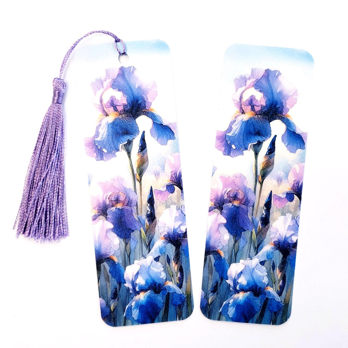 Purple Iris Flower Bookmark with tassel, double-sided