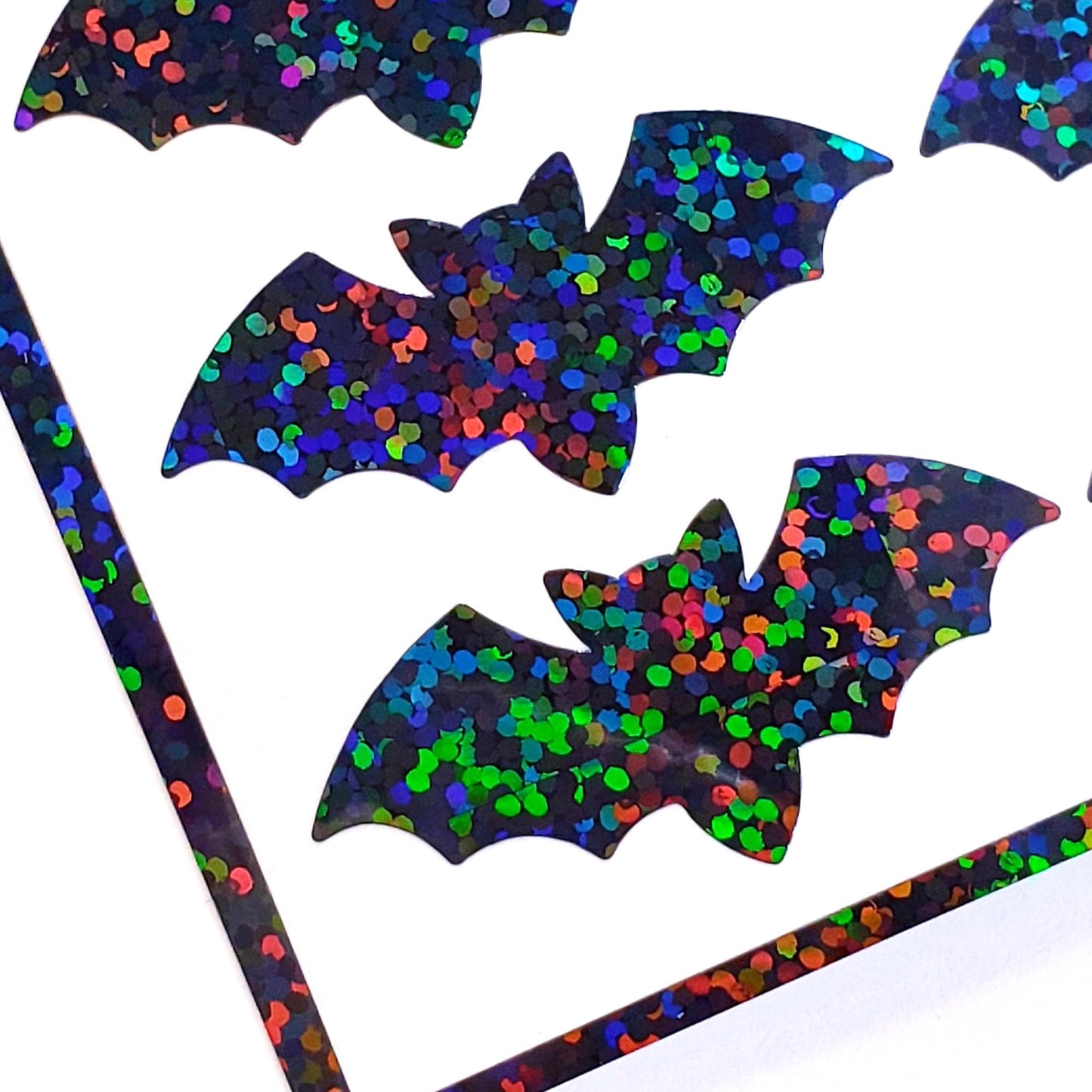 Black Bat Stickers for Halloween tumblers, scrapbooking, junk journals, spooky season goth stickers. Set of 24 sparkly bats larger 1.5 size