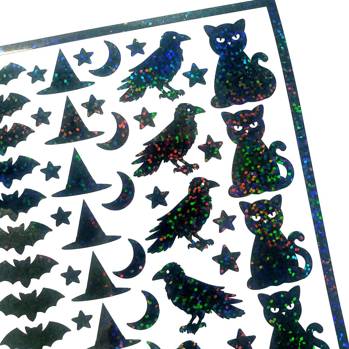 Halloween Themed Sticker Sheet – 62 Black Stickers of Bats, Witch Hats, Cats, Ravens, Stars & Moons, Peel and Stick spooky season decor