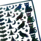 Halloween Themed Sticker Sheet – 62 Black Stickers of Bats, Witch Hats, Cats, Ravens, Stars & Moons, Peel and Stick spooky season decor