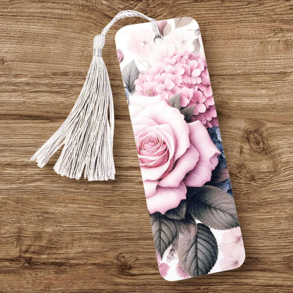 Pink Roses Bookmark with tassel, double-sided