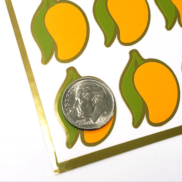 Mango Stickers, set of 28 small peel and stick tropical fruit vinyl stickers for recipe cards, scrapbooking and journals.