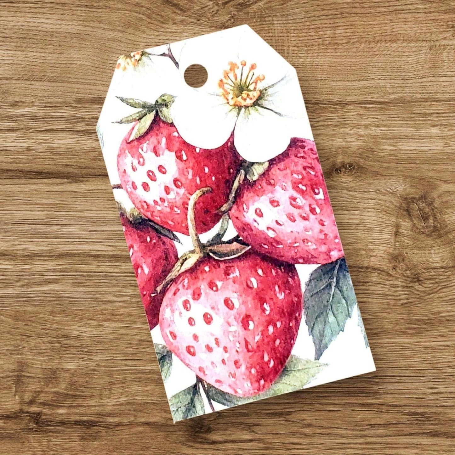 Strawberry Gift Tags, set of 12 Double-Sided Favor Bag Tags, Printed Cardstock Labels for Hostess Gifts, botanical style fruit design.