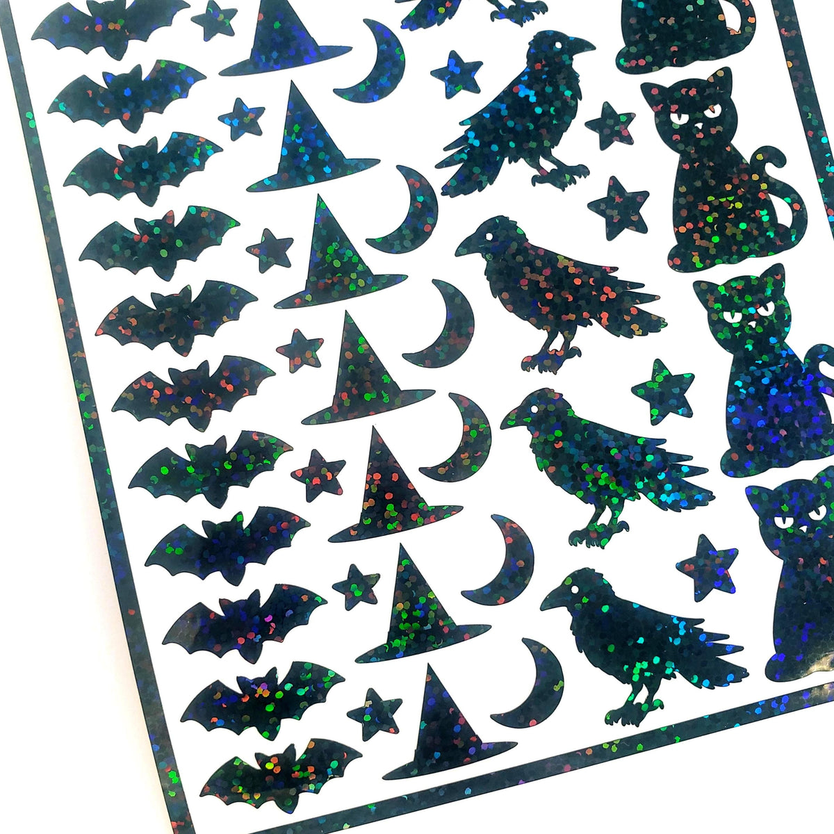 Halloween Themed Sticker Sheet – 62 Black Stickers of Bats, Witch Hats, Cats, Ravens, Stars & Moons, Peel and Stick spooky season decor