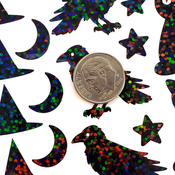 Halloween Themed Sticker Sheet – 62 Black Stickers of Bats, Witch Hats, Cats, Ravens, Stars & Moons, Peel and Stick spooky season decor