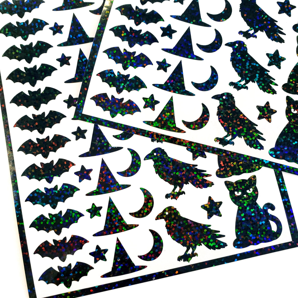 Halloween Themed Sticker Sheet – 62 Black Stickers of Bats, Witch Hats, Cats, Ravens, Stars & Moons, Peel and Stick spooky season decor