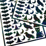 Halloween Themed Sticker Sheet – 62 Black Stickers of Bats, Witch Hats, Cats, Ravens, Stars & Moons, Peel and Stick spooky season decor