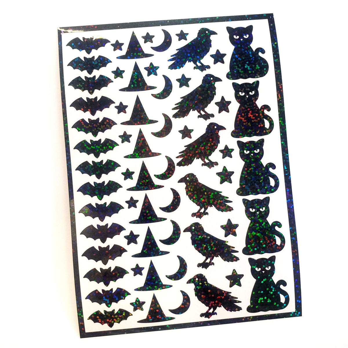 Halloween Themed Sticker Sheet – 62 Black Stickers of Bats, Witch Hats, Cats, Ravens, Stars & Moons, Peel and Stick spooky season decor