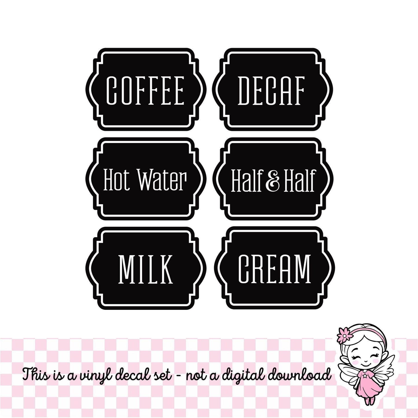 Coffee Decal, Set of 6 carafe decals, coffee decaf hot water cream milk, wedding dessert coffee station vinyl decals, DECALS ONLY