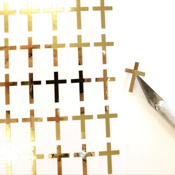 Cross Stickers, mirror gold crosses, small religious cross labels for envelopes, bible study, church group, block style, gold cross
