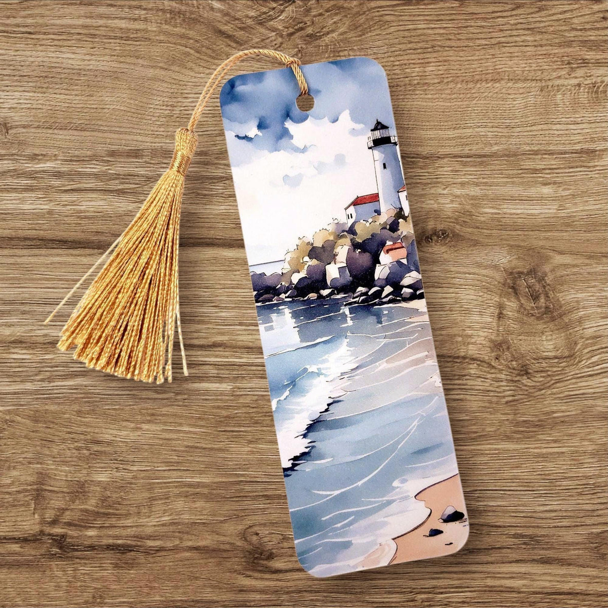 Lighthouse Beach Bookmark with tassel, double-sided