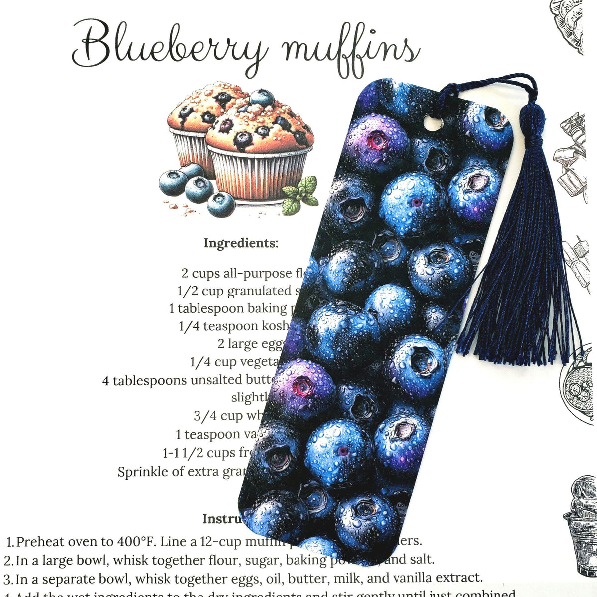 Blueberry Bookmark, double sided printed bookmark with tassel, gift for baker, summer fruit blueberries