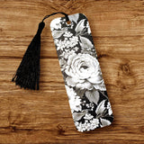 Black and White Floral Rose Printed Bookmark with tassel.