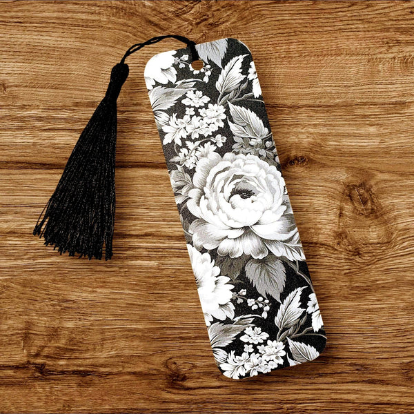 Black and White Floral Rose Printed Bookmark with tassel.