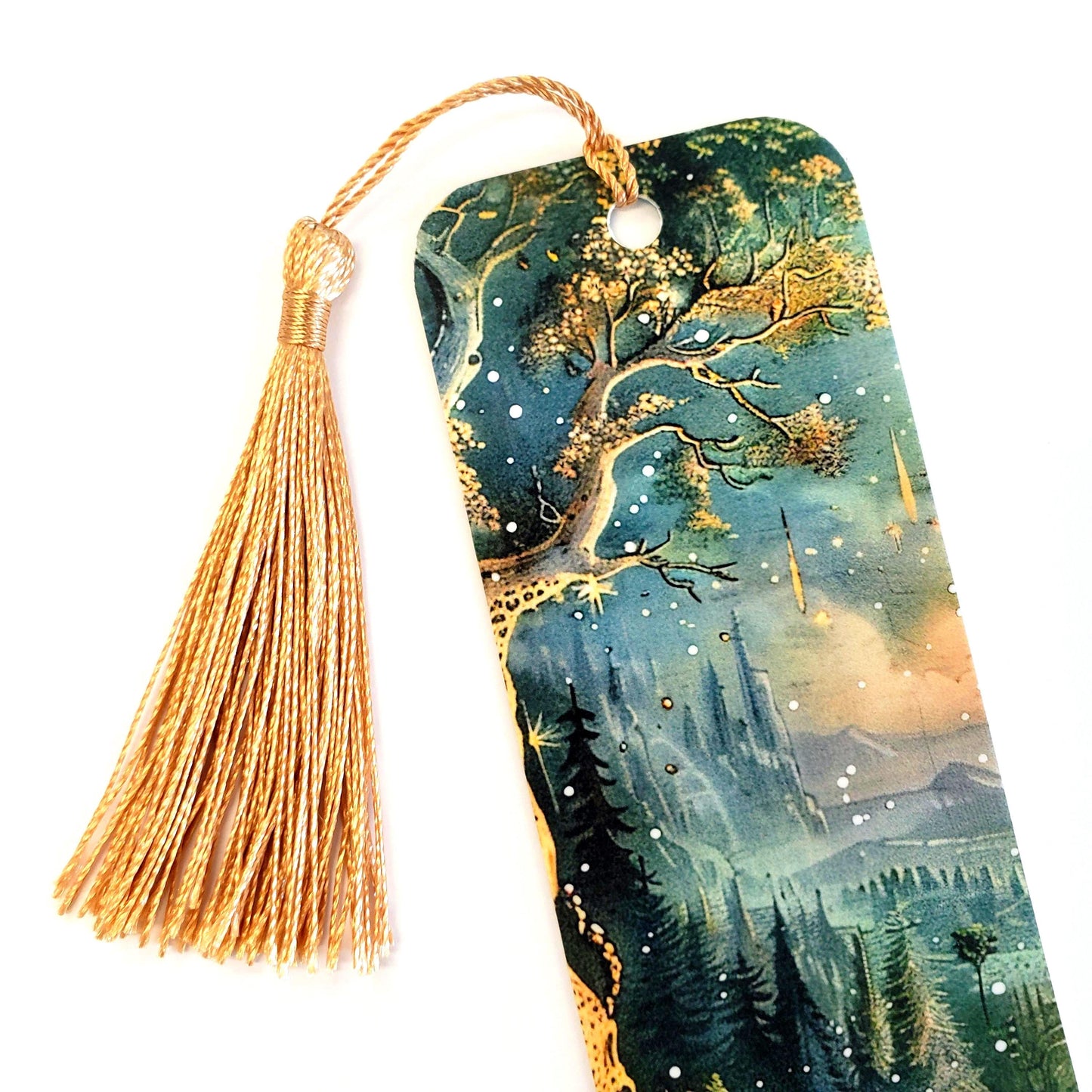 Full Moon Enchanted Forest Bookmark, double sided color printed bookmark with gold tassel, gift for romantic fantasy reader, personalized.