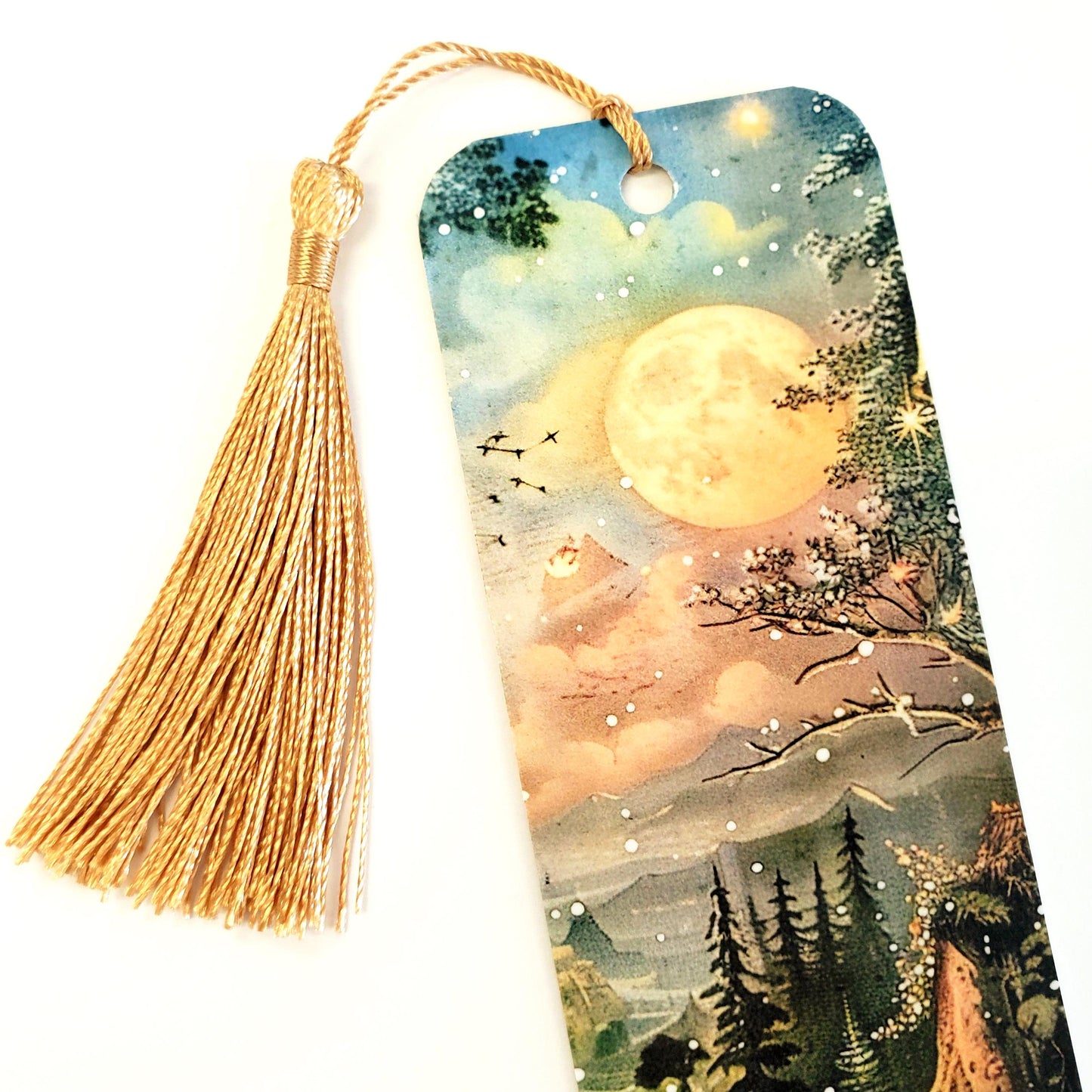 Full Moon Enchanted Forest Bookmark, double sided color printed bookmark with gold tassel, gift for romantic fantasy reader, personalized.