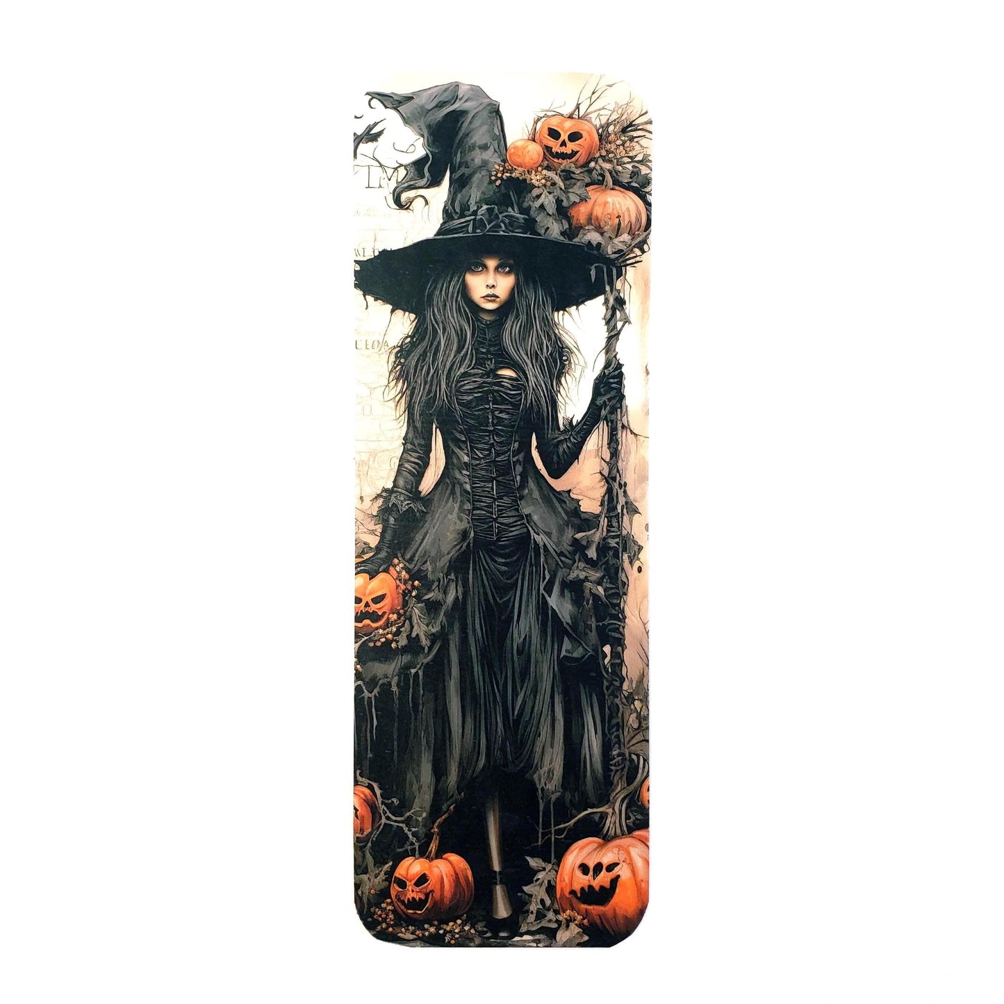 Gothic Witch Bookmark with tassel, double sided color printed bookmark, Halloween scary witch with carved pumpkins. Summerween gift