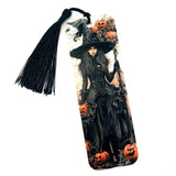 Gothic Witch Bookmark with tassel, double sided color printed bookmark, Halloween scary witch with carved pumpkins. Summerween gift