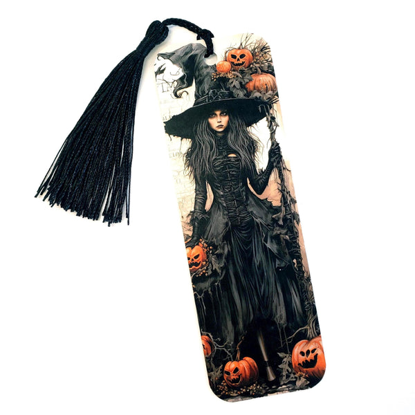 Gothic Witch Bookmark with tassel, double sided color printed bookmark, Halloween scary witch with carved pumpkins. Summerween gift