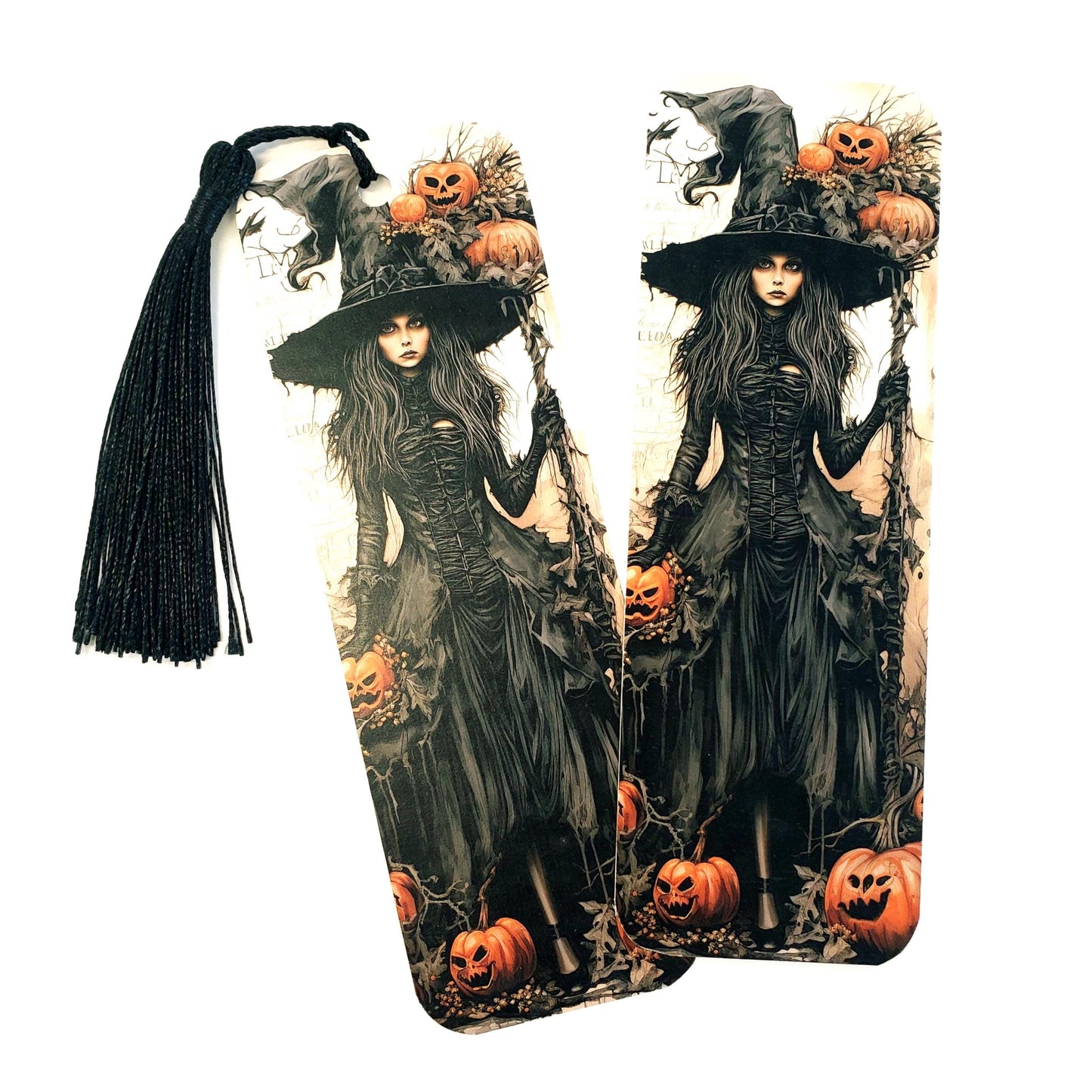Gothic Witch Bookmark with tassel, double sided color printed bookmark, Halloween scary witch with carved pumpkins. Summerween gift