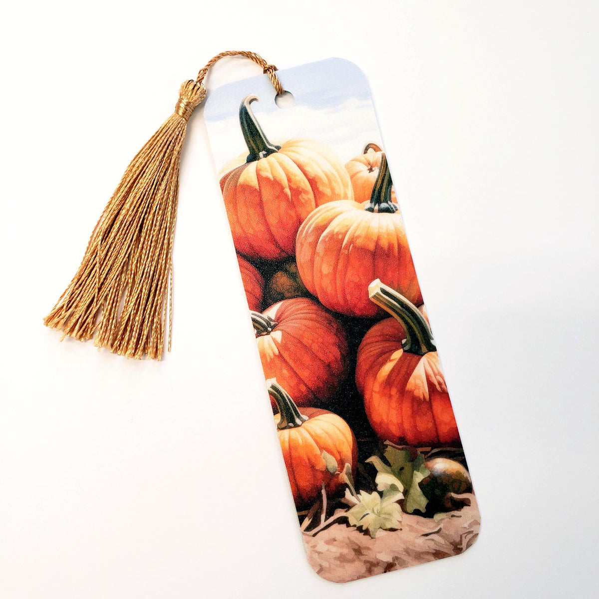 Pumpkin Patch Bookmark with tassel ā Back to School bookmark, gift for student, fall season, New England landscape.