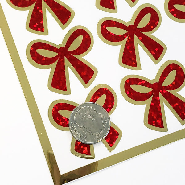 Red Coquette Bow Stickers - set of 20 sparkly ribbons for holiday cards, gift tags and calendars. Waterproof Christmas bow stickers.