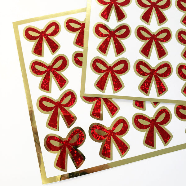 Red Coquette Bow Stickers - set of 20 sparkly ribbons for holiday cards, gift tags and calendars. Waterproof Christmas bow stickers.