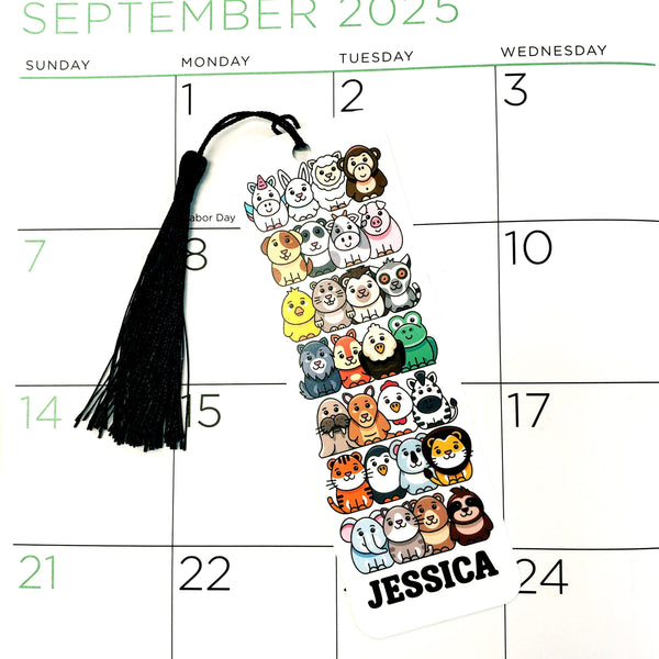 Back-to-School Personalized Name Bookmark – Farm & Wild Animal Cartoon Design with Tassel, Gift for Kids and Young Readers.