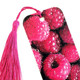 Raspberry bookmark with hot pink tassel. double-sided bookmark with photograph of raspberries.