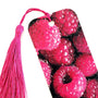 Raspberry bookmark with hot pink tassel. double-sided bookmark with photograph of raspberries.