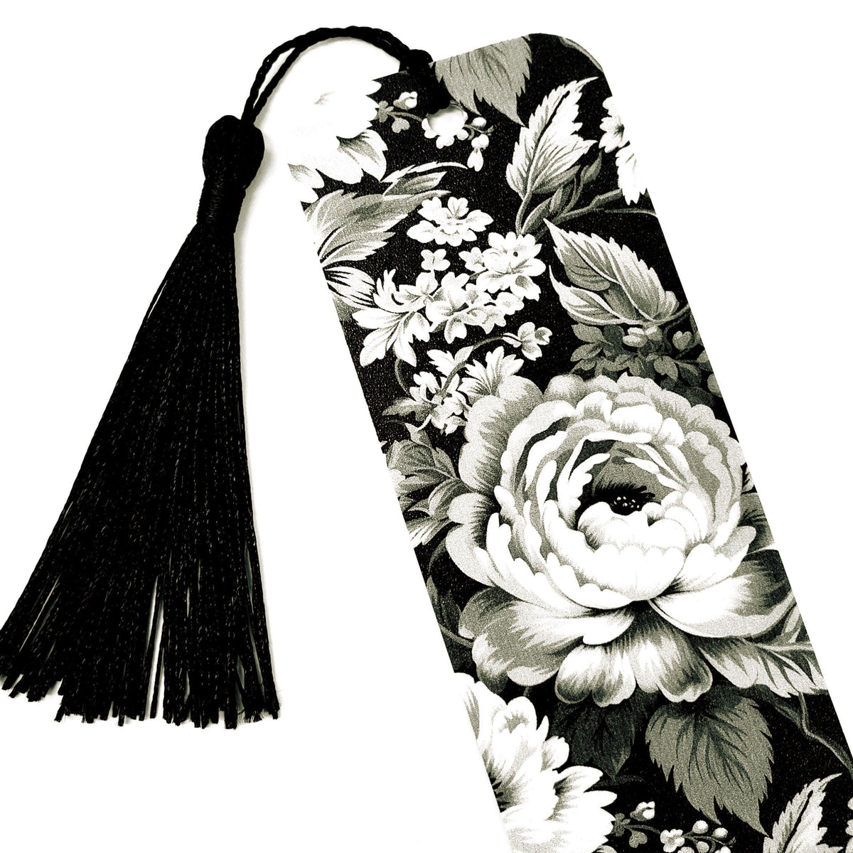 Black and White Floral Rose Printed Bookmark with tassel.