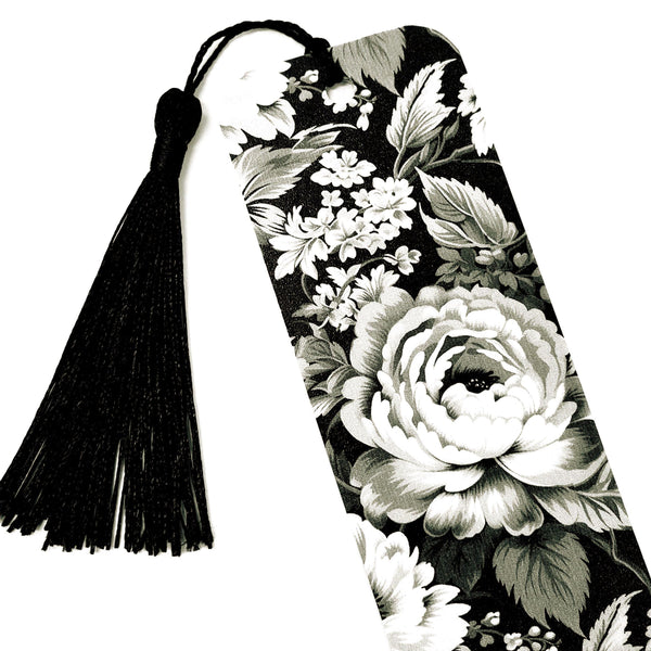 Black and White Floral Rose Printed Bookmark with tassel.