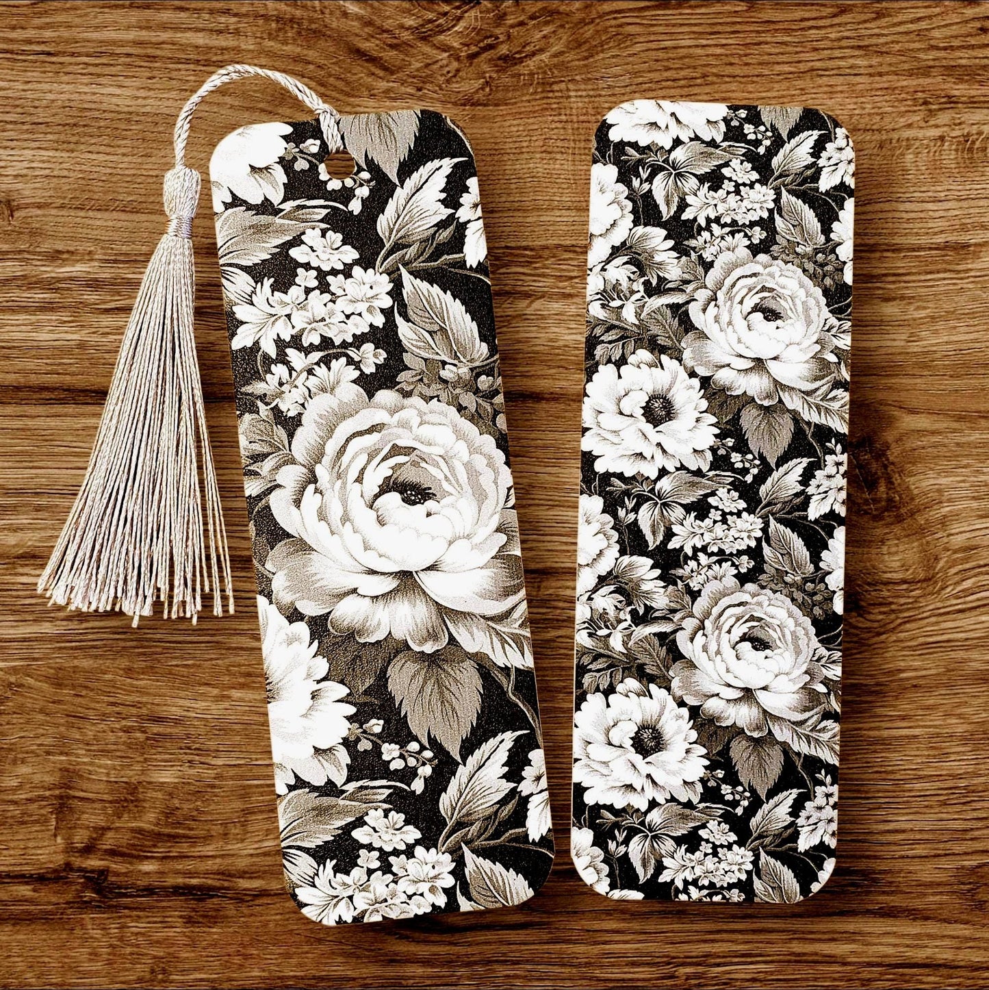 Black and White Floral Rose Printed Bookmark with tassel.