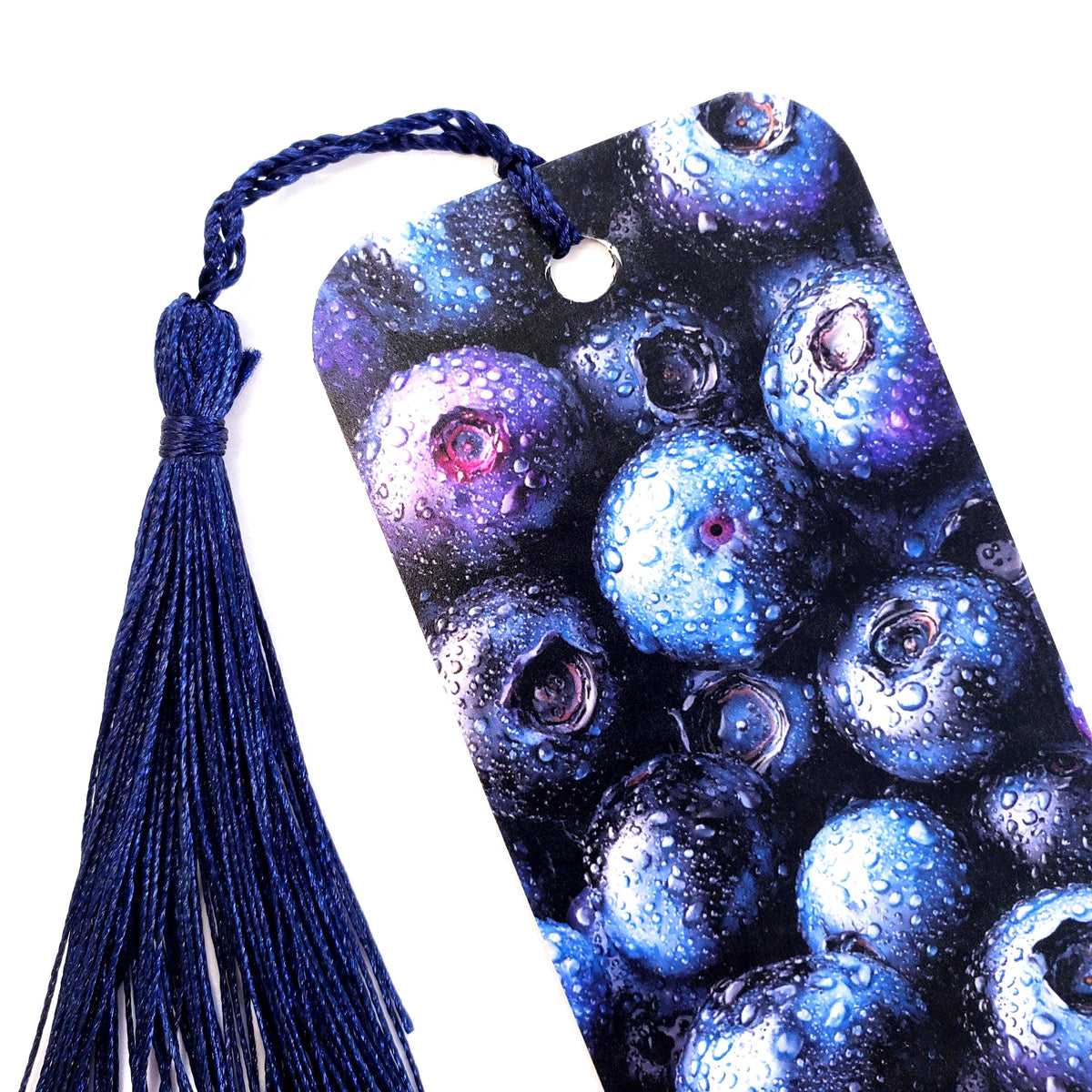Blueberry bookmark with dark blue tassel. double-sided bookmark with photograph of blueberries.
