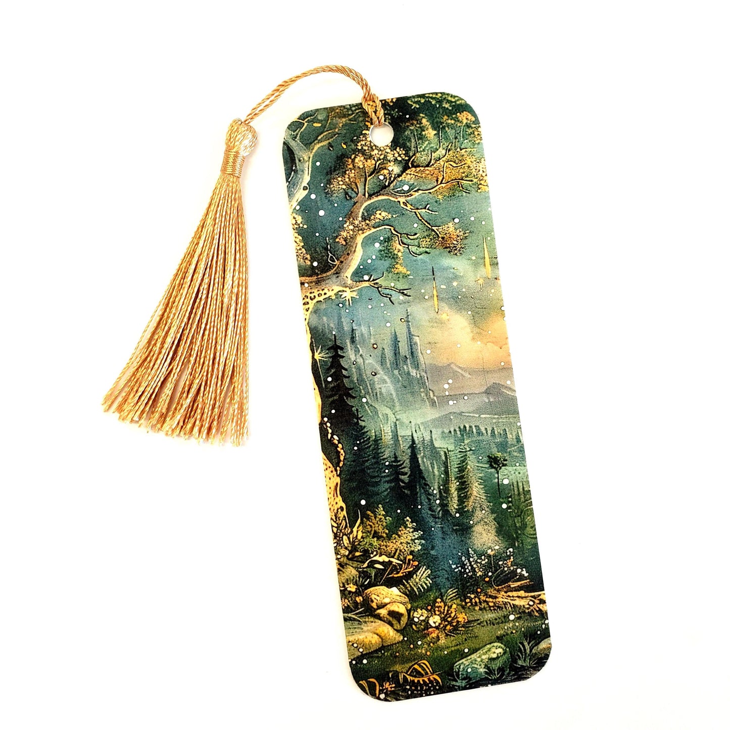 Full Moon Enchanted Forest Bookmark, double sided color printed bookmark with gold tassel, gift for romantic fantasy reader, personalized.