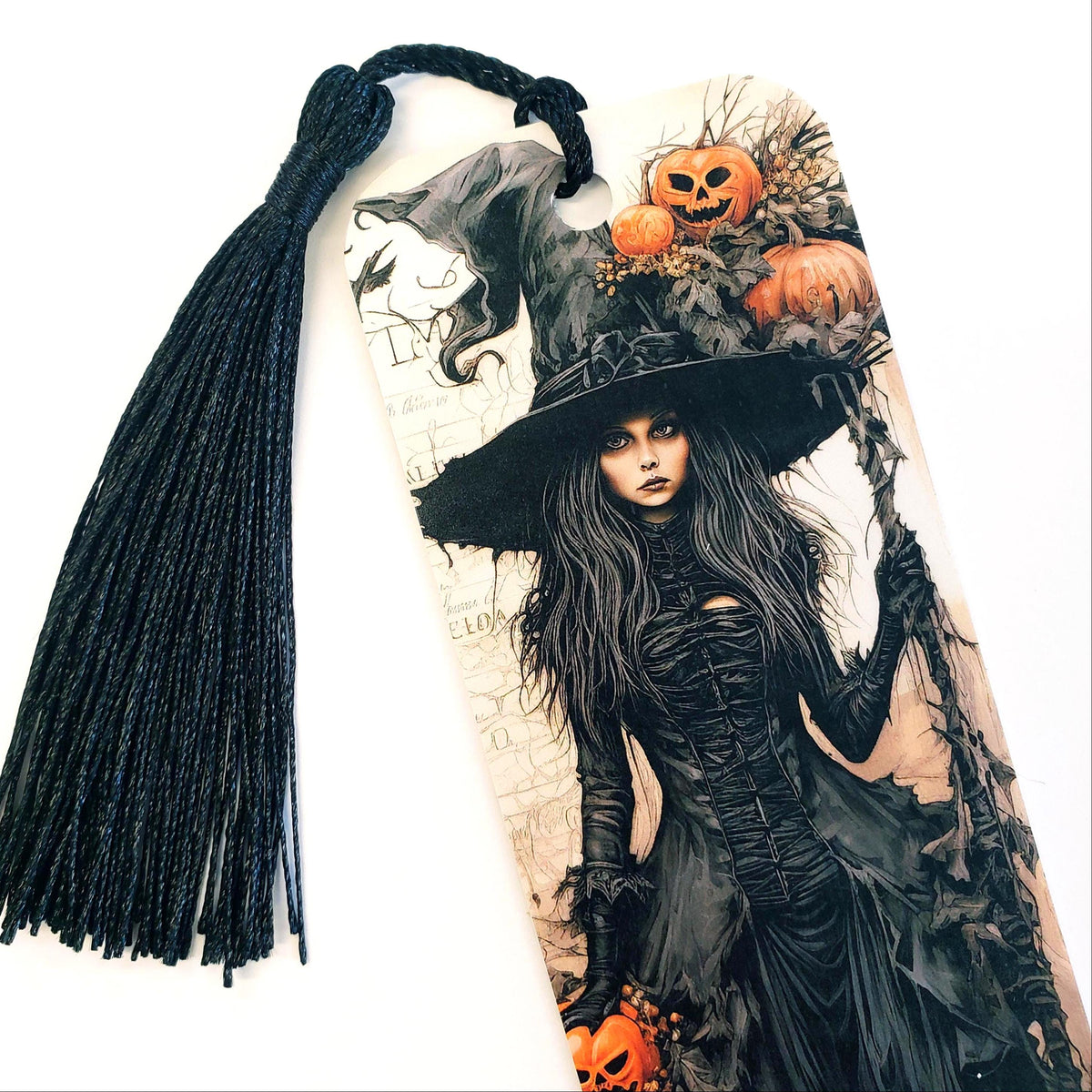 Gothic Witch Bookmark with tassel, double sided color printed bookmark, Halloween scary witch with carved pumpkins. Summerween gift